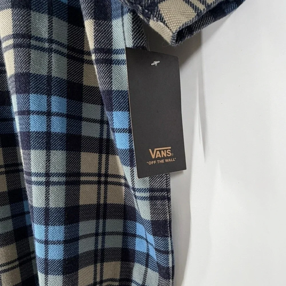 Vans Bellmoor Plaid Polo Shirt Men Large Blue Navy Tan Loose Fit VN000KUNE88 NWT